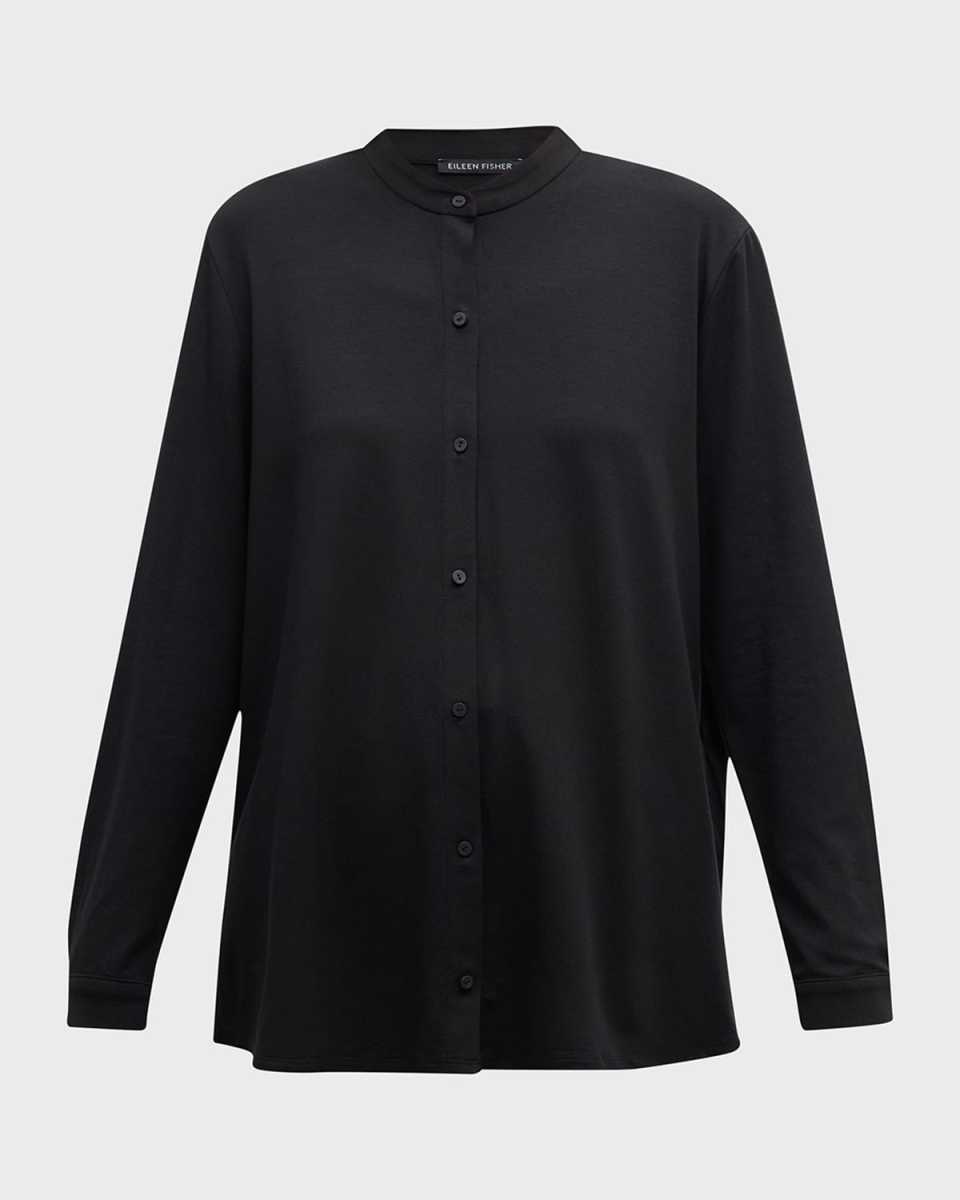 Band-Collar Button-Down Jersey Shirt